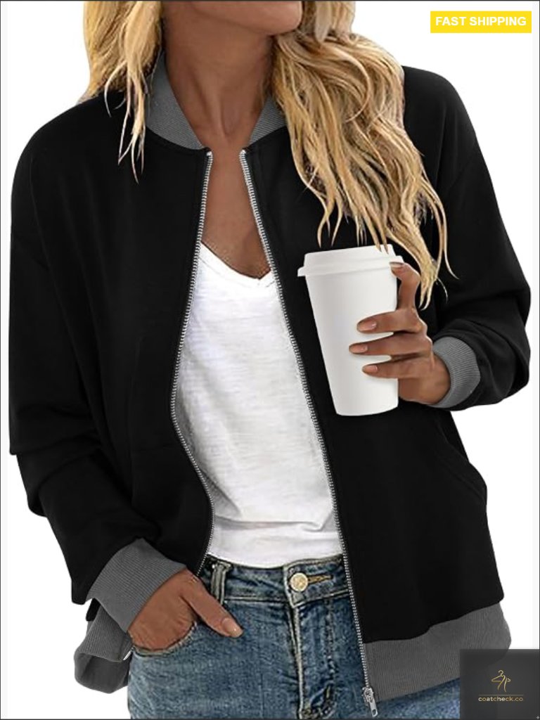 Zip Up Bomber Jacket Long Sleeve Casual Windbreaker With Pockets Fall Coat